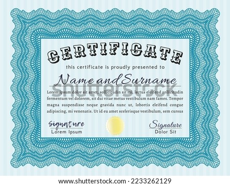 Certificate template.  Retro design.  With guilloche pattern and background.    Light blue color.