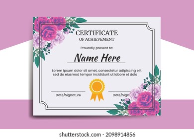 Certificate Template Rose with Camellia flower watercolor Digital hand drawn