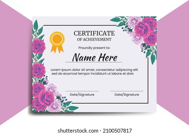 Certificate Template Rose with Camellia flower watercolor Digital hand drawn svg