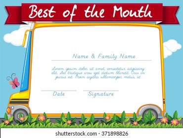 Certificate template with schoolbus background illustration