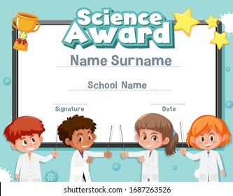 Certificate template for science award with kid in the lab background illustration