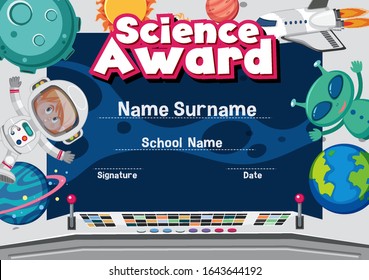 Certificate template for science award with space in background illustration