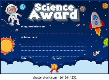 Certificate template for science award with space in background illustration