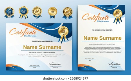 Certificate template set with badges option. Collection of modern and luxury diplomas with badge vector illustration