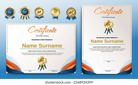 Certificate template set with badges option. Collection of modern and luxury diplomas with badge vector illustration