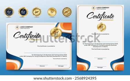 Certificate template set with badges option. Collection of modern and luxury diplomas with badge vector illustration
