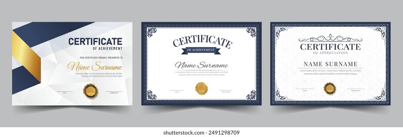 Certificate template set. Collection of modern and luxury diplomas with badge vector illustration