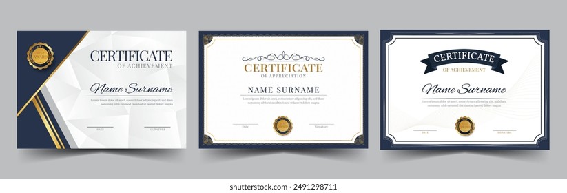 Certificate template set. Collection of modern and luxury diplomas with badge vector illustration