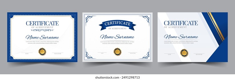 Certificate template set. Collection of modern and luxury diplomas with badge vector illustration