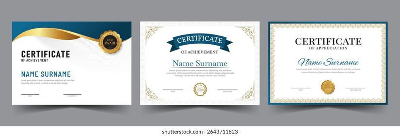 Certificate template set. Collection of modern and luxury diplomas with badge vector illustration