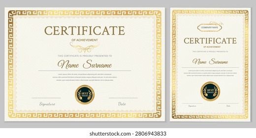 Certificate template set. Elegant horizontal and vertical layouts with golden Greek key border, wavy guilloche background, and best award seal. Perfect for business graduation diploma.
