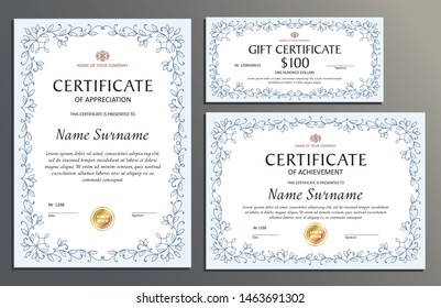 Certificate template set floral, horizontal, vertical, gift voucher, diploma, vintage border