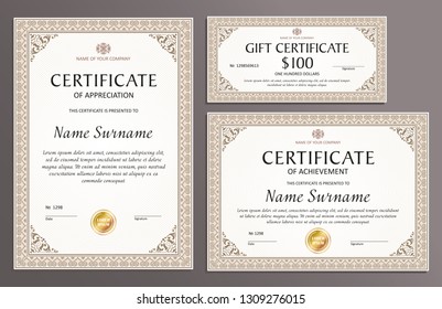 Certificate template set, horizontal, vertical, gift voucher, diploma, vintage border