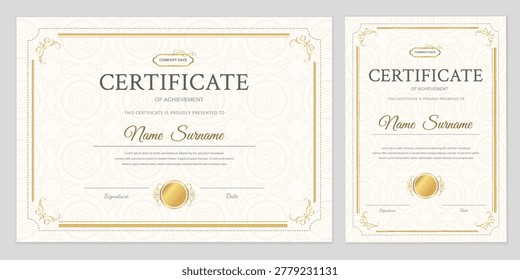 Certificate template set in landscape and portrait orientation. Elegant gold achievement diploma with ornamental border and seal. Professional vector design for business and education awards.