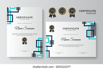 Plantilla de certificado con insignia de oro premium. conjunto de dos certificados de apreciación diseño de fondo abstracto