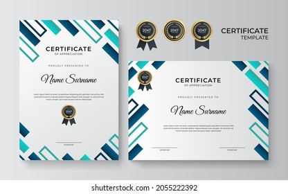 Plantilla de certificado con insignia de oro premium. conjunto de dos certificados de apreciación diseño de fondo abstracto