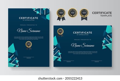 Plantilla de certificado con insignia de oro premium. conjunto de dos certificados de apreciación diseño de fondo abstracto