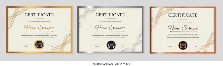Certificate template set. Three horizontal elegant diplomas with gold, silver, and bronze border frames and abstract wave lines. Vector layout for business and competition awards.