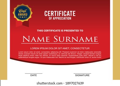 Certificate template in shape horizontal style, red and gold color