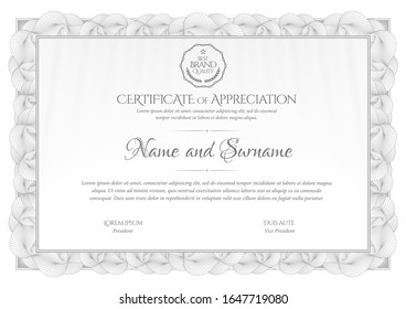 Certificate Template in silver. Diploma of modern design or gift certificate in grey color. Frame from guilloche pattern. Elegant and expensive design. Vector illustration.