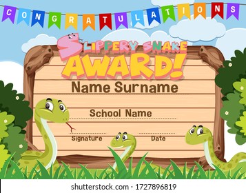 Certificate template for slippery snake award with snakes in background illustration