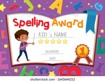 Certificate template for spelling award with alphabets in background illustration