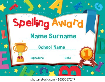 Certificate template for spelling award with alphabets in background illustration