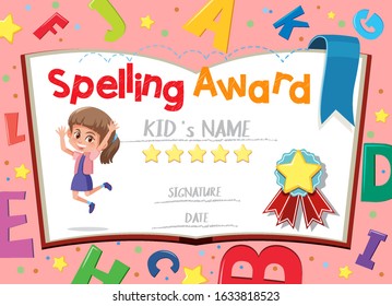 Certificate template for spelling award with english alphabets in background illustration