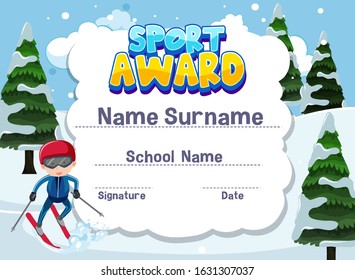 Certificate template for sport award with boy skiing in background illustration