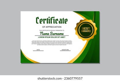 Certificate template suitable for awards and recognition purposes with a fresh and vibrant design featuring green and gold colors. Ideal for academic, professional, or organizational certificates.