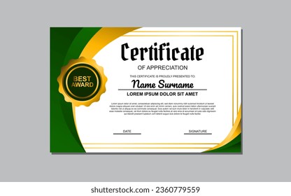 Certificate template suitable for awards and recognition purposes with a fresh and vibrant design featuring green and gold colors. Ideal for academic, professional, or organizational certificates.