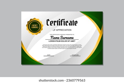 Certificate template suitable for awards and recognition purposes with a fresh and vibrant design featuring green and gold colors. Ideal for academic, professional, or organizational certificates.