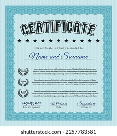 Plantilla de certificado.  Diseño superior.  Con fondo.  Personalizable, fácil de editar y cambiar los colores.  Color azul claro.