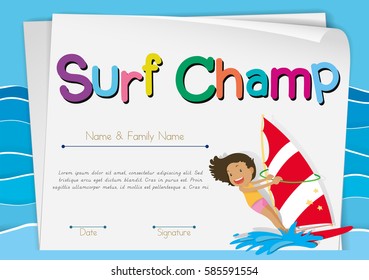Certificate template for surf champ illustration