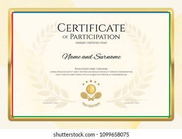 Certificate template in tennis sport theme with gold border frame, Diploma design