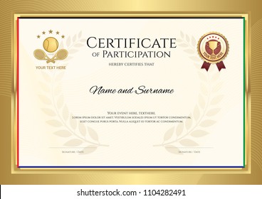 Certificate template in tennis sport theme with gold border frame, Diploma design