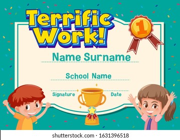 Certificate Template For Terrific Work Award With Happy Kids In Background Illustration