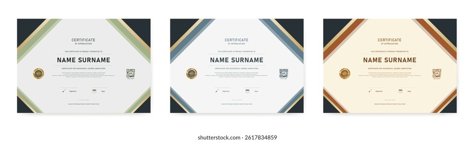 Certificado de Plantilla con tres variaciones de color: verde, azul marino y marrón cálido. Cada diseño incluye código QR, área de firma e insignia de oro. Ideal para propósitos de reconocimiento versátiles.
