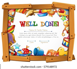 Certificate template with toys around the frame illustration
