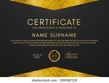 Certificate template with triangle geometry gold frame and badge on black background. Design for Diploma, certificate of appreciation or award