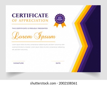 Certificate template in vector for achievement graduation completion. Certificate of appreciation template,  Clean modern certificate with gold badge.  luxury badge and modern line pattern Certificate