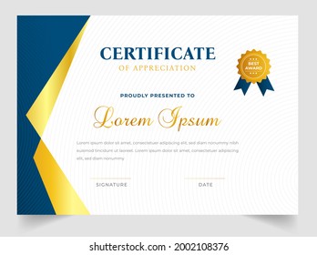 Certificate template in vector for achievement graduation completion. Certificate of appreciation template,  Clean modern certificate with gold badge.  luxury badge and modern line pattern Certificate