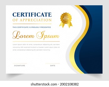 Certificate template in vector for achievement graduation completion. Certificate of appreciation template,  Clean modern certificate with gold badge.  luxury badge and modern line pattern Certificate