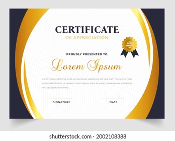 Certificate template in vector for achievement graduation completion. Certificate of appreciation template,  Clean modern certificate with gold badge.  luxury badge and modern line pattern Certificate