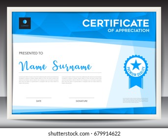 certificate template vector illustration, diploma layout in a4 size, business flyer design, advertisement, printing, achievement, Appreciation, corporate event, blue polygon background