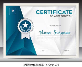 Certificate Template Vector Illustration, Diploma Layout In A4 Size, Business Flyer Design, Advertisement, Printing, Achievement, Appreciation, Corporate Event, Blue Polygon Background