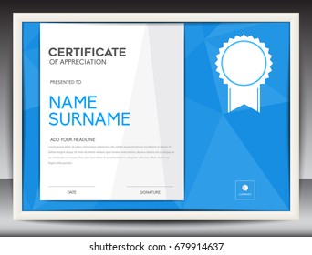 certificate template vector illustration, diploma layout in a4 size, business flyer design, advertisement, printing, achievement, Appreciation, corporate event, blue polygon background