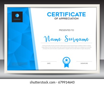 certificate template vector illustration, diploma layout in a4 size, business flyer design, advertisement, printing, achievement, Appreciation, corporate event, blue polygon background