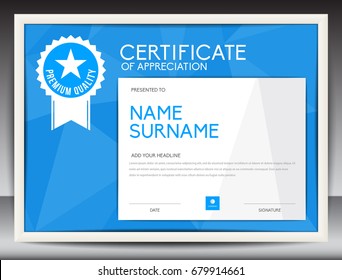 certificate template vector illustration, diploma layout in a4 size, business flyer design, advertisement, printing, achievement, Appreciation, corporate event, blue polygon background
