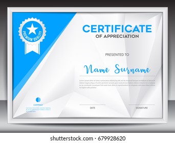 certificate template vector illustration, diploma layout in a4 size, business flyer design, advertisement, printing, achievement, Appreciation, corporate event, blue polygon background